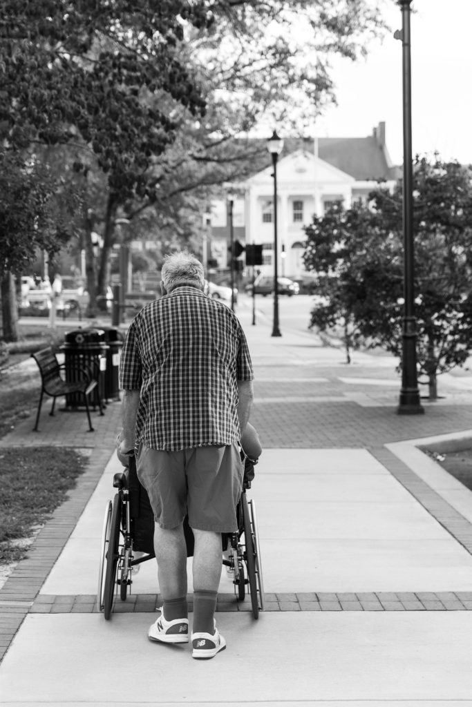 Elderly person pushing a wheelchair along a tree-lined footpath in a quiet urban park setting.
